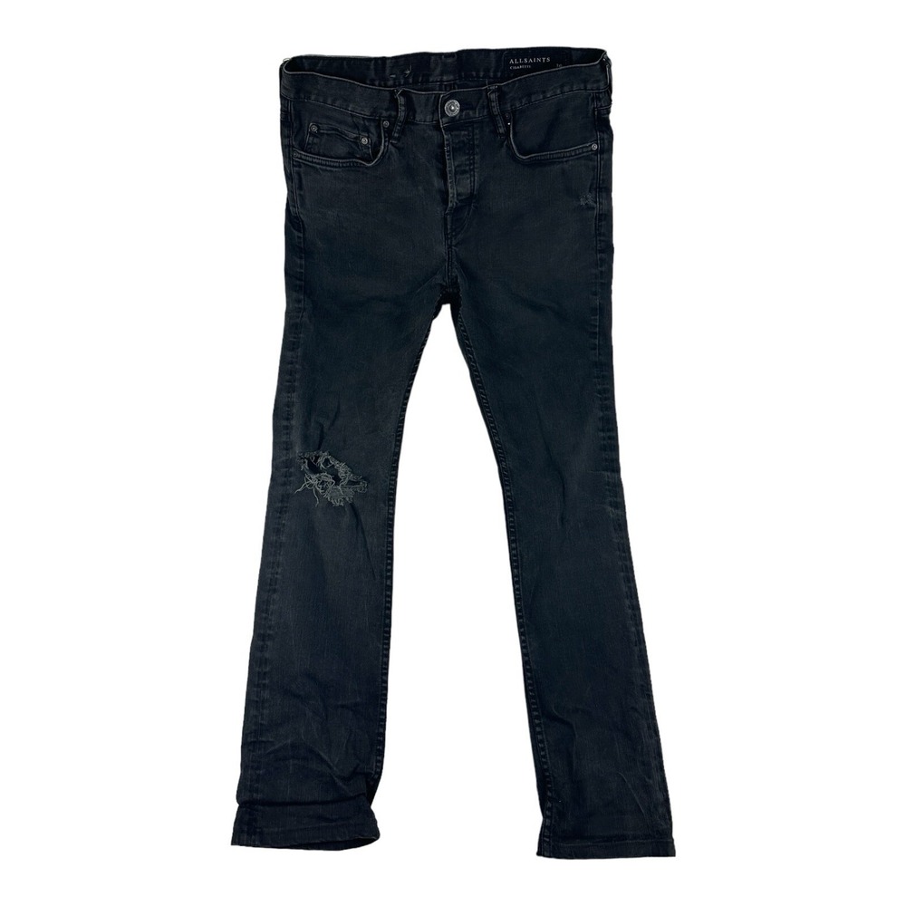 AllSaints Black Cigarette Fit Button Fly Distressed Mens Jeans 30x28 ME023G
